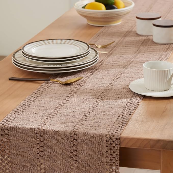 Macrame Style Boho Table Runner, 12x72 Inch Taupe | Woven Boho Table Runner - Image 5
