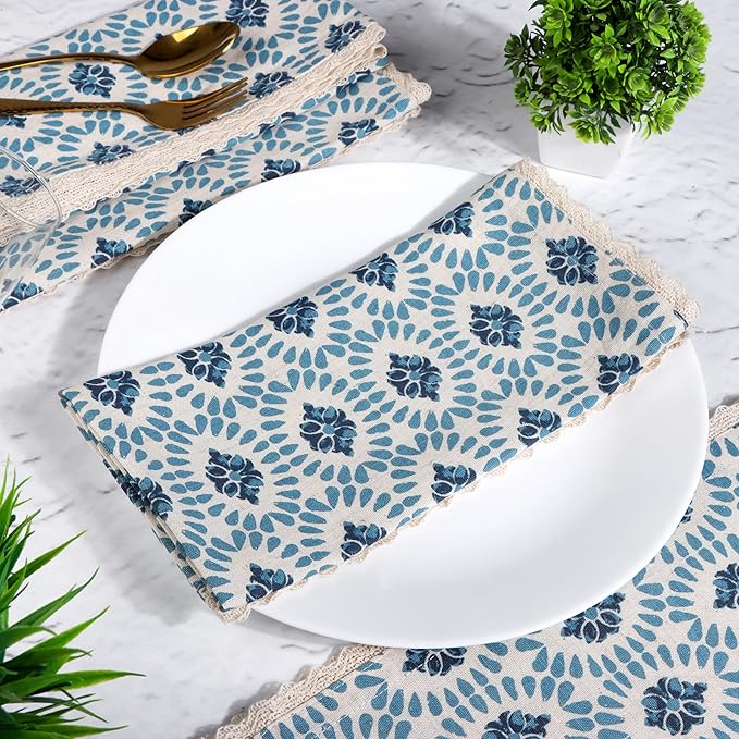 FINGERCRAFT Dinner Cloth Napkin Cotton Linen Blend 12 Pack Mitered Corners with Elegant Lace for Everyday Use Napkins are Pre Shrunk and Good Absorbency (Moroccan, 20in x 20in)