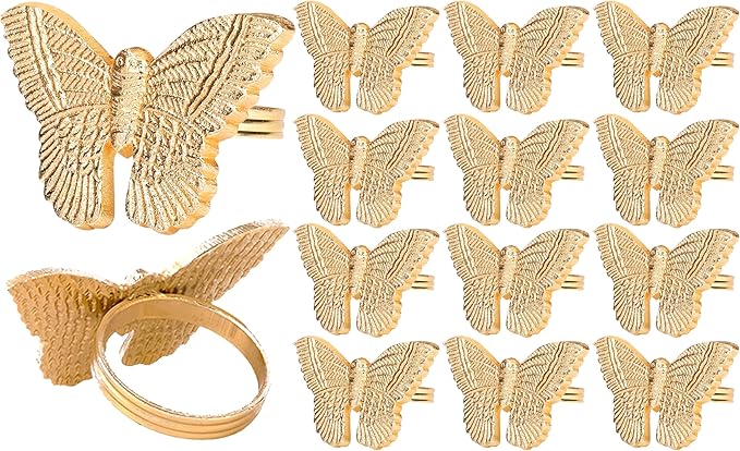 CLEENTABLE 12 Pcs Napkin Rings Set - Decorative Metal Butterfly Bling Napkin Rings Guest Napkin Buckle for Wedding, Party, Gathering, Dinner, Table, Banquet, Decoration, Gifting (Gold)