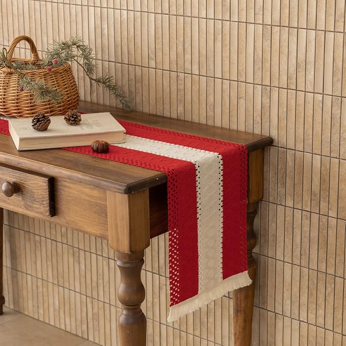 Keketoarrange Christmas Red Boho Table Runner 12x48 Inch | Woven Burlap - Image 6