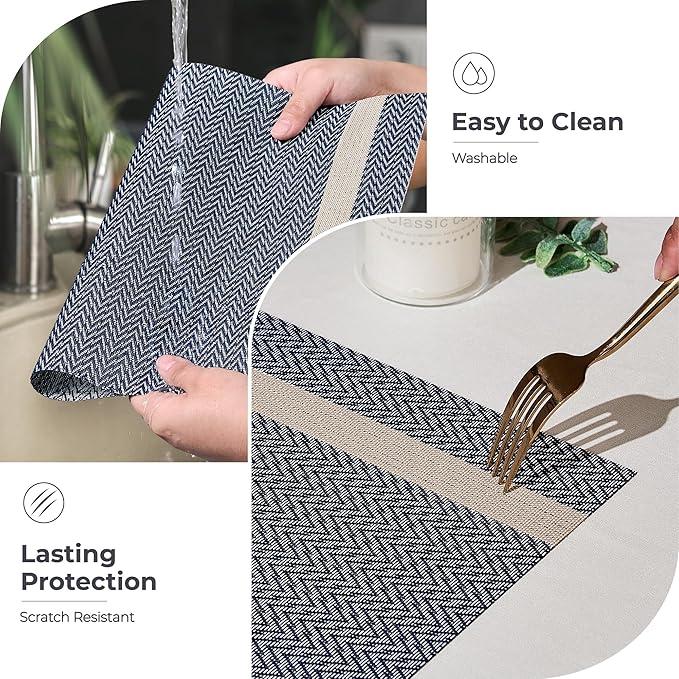Leetaltree Luxury Dark Blue Placemats with Gold Stripes Placemats Set of 4 - Waterproof Washable for Wedding, Anniversary, Daily Use - Sparkling Table Decor - Hand-Cut