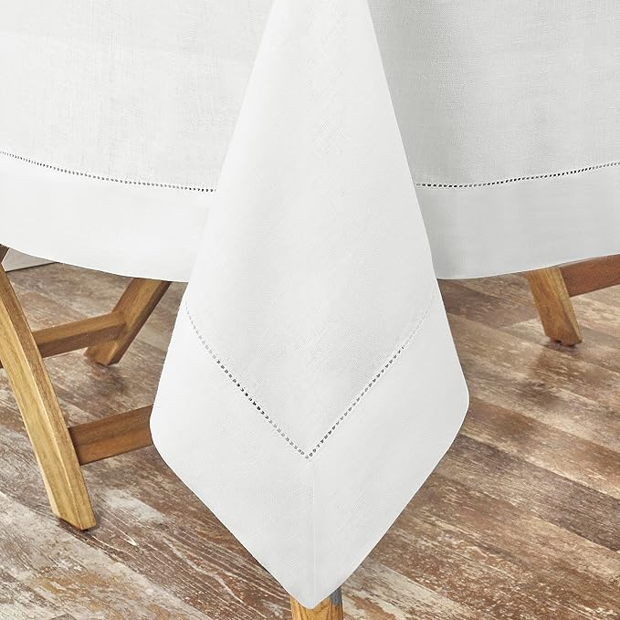 D'Moksha Homes White Linen Tablecloth 60 x 156 Inch - 100% Pure Linen White Tablecloth for Rectangle Tables - Classic Hemstitch, Machine Washable Table Cloth for Valentines, Spring, Easter