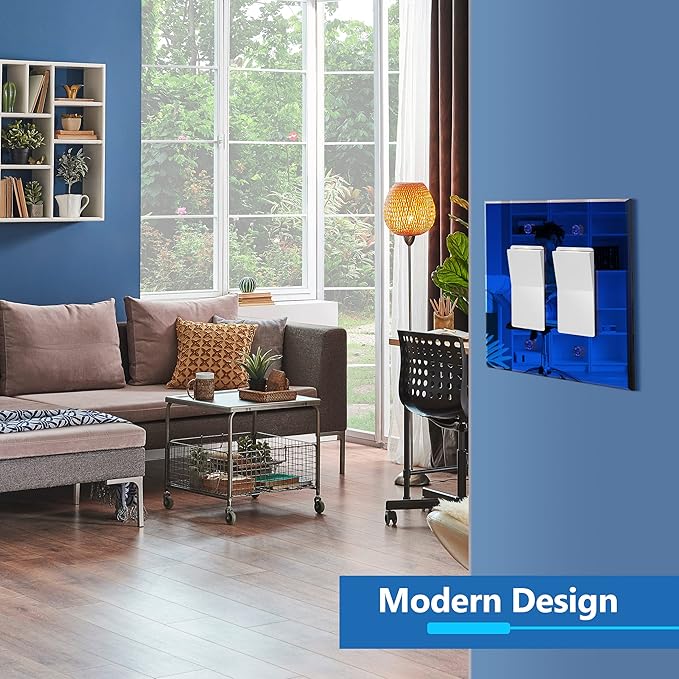 LIDER Double Decorator Wall Plate, Impact Resistant, Mirrored, Plexiglass Dual Outlet Cover or Light Switch Cover, Acrylic, Reflective Finish, Modern, Oversized 2-Gang 5.25" x 5.25", Blue