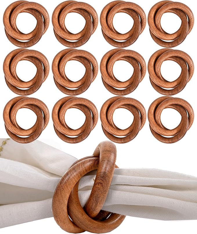 ALPHA Living HOME Wooden Napkin Rings Set of 12 - Handmade Mango Wood Napkin Holders - Rustic Serviette Rings for Dining Table, Wedding, Party & Holiday Decor - Elegant Tabletop Accessory (Brown)