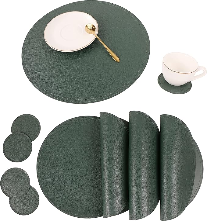 Jovono Faux Leather Round Placemats and Coasters, Wipeable Table Mats, Easy to Clean, Double Stitched for Kitchen Dining Table, Party, Restaurant, Diameter 13'' and 3.9'', Green
