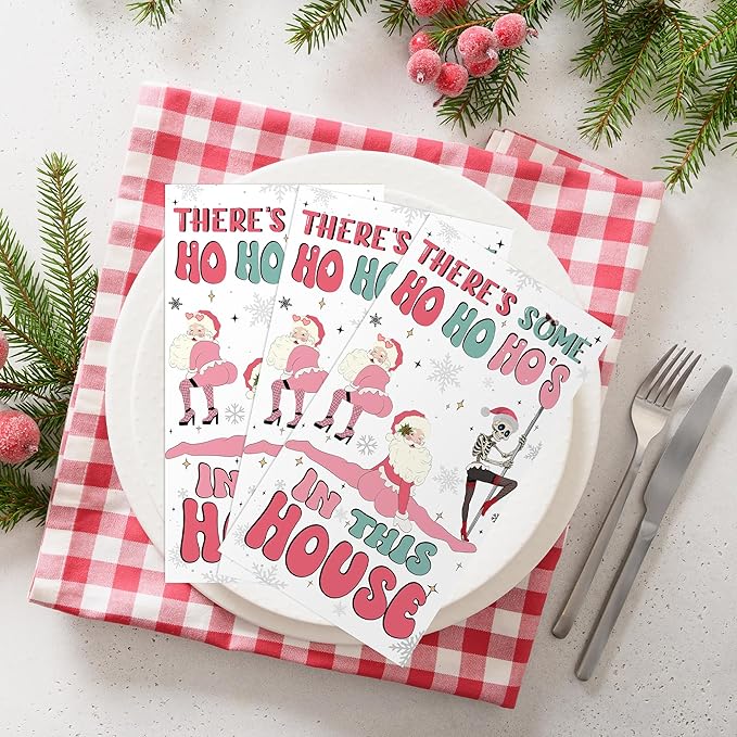 Theres Some Ho Ho Hos in This House Napkins - 100 Pcs Pink Friendmas Christmas Party Decorations Funny Santa Cocktail Disposable Paper Dinner Holiday Table Party Supplies Decor for Adults