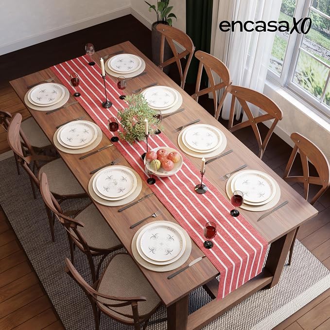 Encasa XO Table Runner, Woven Cotton Dining Runner 13"x104" | Roma Red Stripes - Image 4