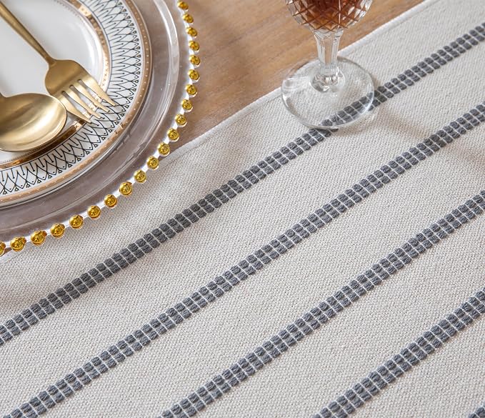 Caflife Boho Table Runner 90 Inchs Long Grey and Beige, Cotton and Linen Woven - Image 4