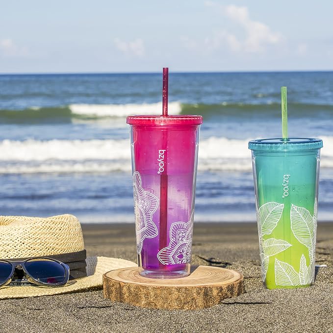 bzyoo 24oz Plastic Tumbler Cup, Lid & Straw, Iced Coffee, Mandala Pink - Image 2