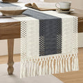 Macrame Style Bicolor Stitching Table Runner 14x48in Charcoal | Woven Boho by ZEEMARTONLINE