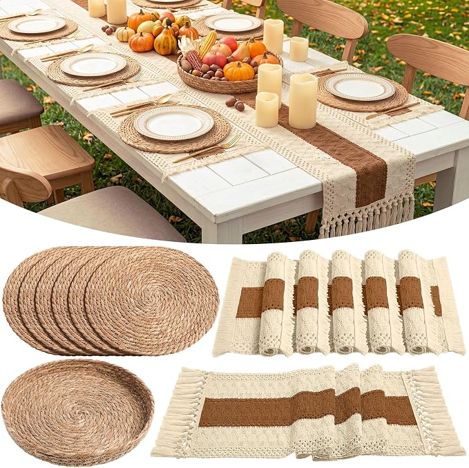 Boho Placemats 4/6/8 Set of Round Woven Placemat Macrame Style Bicolor by Gandeer