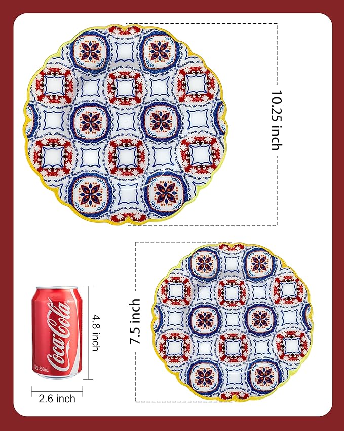 Morejoy 60pcs Plastic Disposable Plates Set - White Plastic Plates Featuring Classic Blue & Red Kaleidoscope Patterns With Gradient Gold Trim.10.25 Dinner Plates & 7.5 Dessert Plates for Wedding,Party