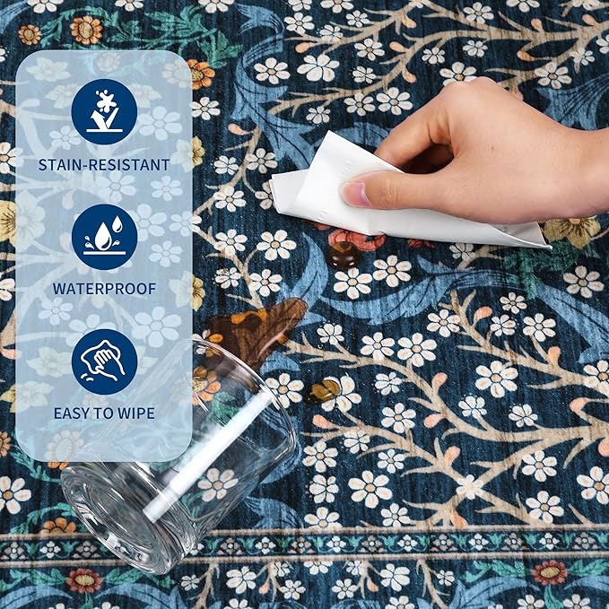 GarveeHome Floral 3x5 Area Rugs for Entryway, Washable Kitchen Rug Non Slip, Low Pile Bedroom Rug, Ultra Soft Stain Resistant Small Carpet for Laundry Room, Dark Blue
