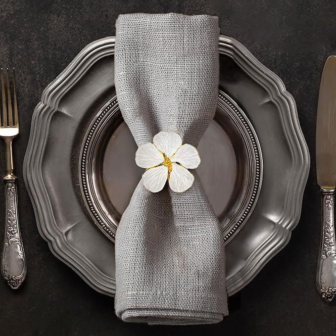 Decozen White Gold Napkin Rings Set of 16 White Gold Napkin Rings in Floral Design Festive Table Decor Setting for Holiday Wedding Birthday Kitchen Home Decor Housewarming Gift