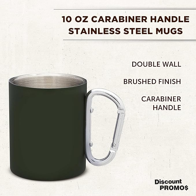 DISCOUNT PROMOS Stainless Steel Mugs with Carabiner Handle 10 oz. Set of 10, Bulk Pack - Perfect for Coffee, Soda, Other Hot & Cold Beverages - Army Green