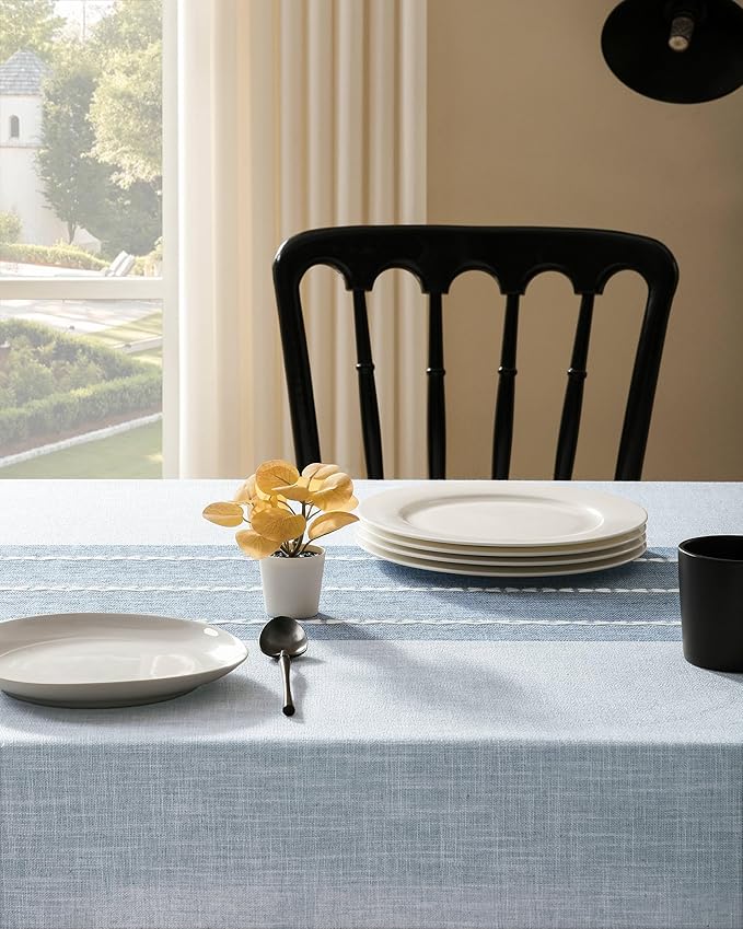 ZeeMart Contrast Linen Table Cloth Rectangle Table Cloths 60x104 Inch Blue, Farmhouse Style Heavy Weight Blue Tablecloth, Water Resistant Burlap Tablecloths
