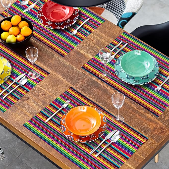 Mexican Placemats Set of 4 - Colorful Stripes Place Mats 12x18 Fiesta Tablemats Table Mats for Party Kitchen Dining