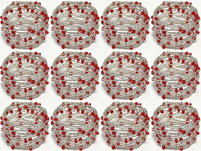 Silver Red Beaded Napkin Ring Set of 12 - Beautiful Fancy Elegant Decorative Napkin Holder for Dinner Table Decoration, Christmas, Farmhouse, Wedding, Party, Family Gathering, New Year & Everyday Use