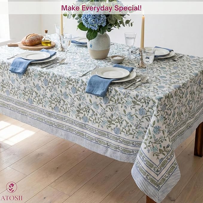 ATOSII Mahoka Blue 100% Cotton Fall Tablecloth, Handblock Floral Linen Table Cloth for Kitchen Dining Table I Parties Weddings Outdoors Easter Valentine's Gift I 60 X 108 Inches I 8 Seater