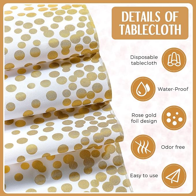 Breling 8 Pack White and Gold Disposable Plastic Tablecloths and Satin Table Runner Set, 54 x 108 Inch Tablecloth, 12 x 108 Inch Table Runners for Wedding First Communion Baby Shower Graduation
