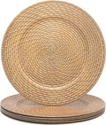 13 Inch Antique Gold Charger Plates Set of 6 Round Plastic Plates Matte Finish Faux Rattan Woven Texture Charger plates for Wedding Party Christmas