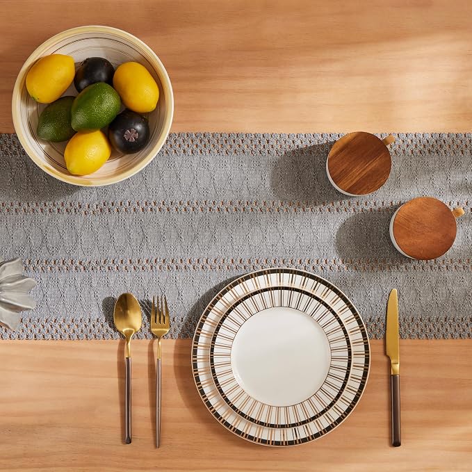 Macrame Style Boho Table Runner, 12x48 Inch Grey | Woven Boho Table Runner - Image 4