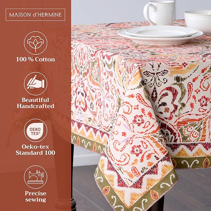 Maison d' Hermine Table Cloth Rectangle Table 100% Cotton 70 x 120 Inches Fall Tablecloth Reusable Everyday Use for Thanksgiving Christmas Decorations Dining Farmhouse Party (Damask)