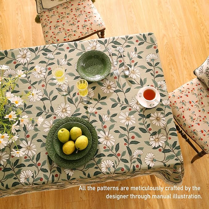 ISAENNE Designer Green Linen Extra Long Tablecloth Rectangle,Floral French Country Indoor Table Cloth,Stain Resistant Home Decor Tablecloths for Dining Kitchen Thanksgiving Party,67"*118"-Brune