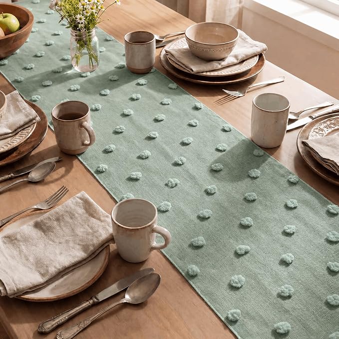 Artoid Mode Sage Green Pom Pom Tulle Table Runner, Seasonal Spring Washable - Image 4