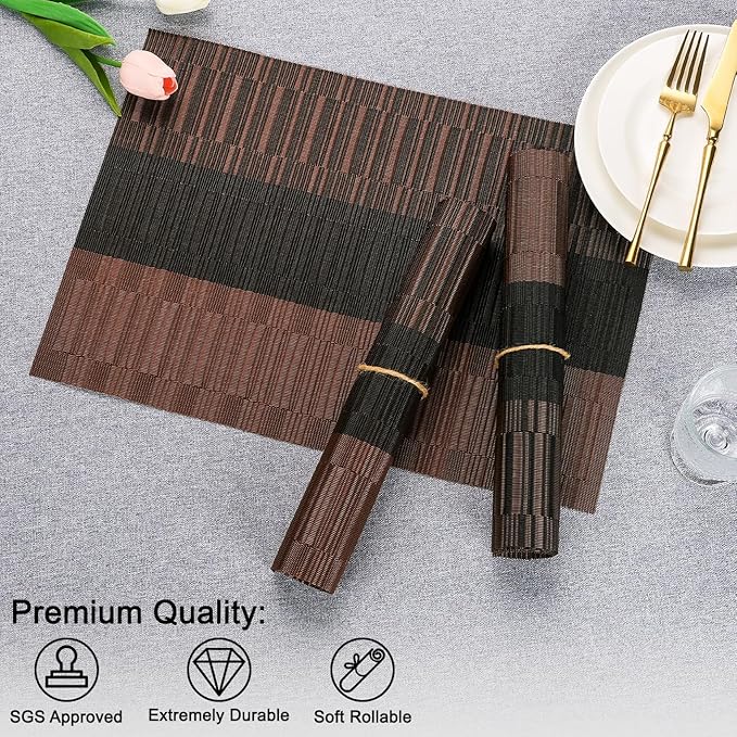 Placemats Set of 4, Vinyl Woven Place Mats Indoor Set of 4 Washable Wipeable PVC Table Mats Heat-Resistant Non Slip Plastic Placemat for Kitchen Dining Outdoor Table (Black Brown, Set of 4)