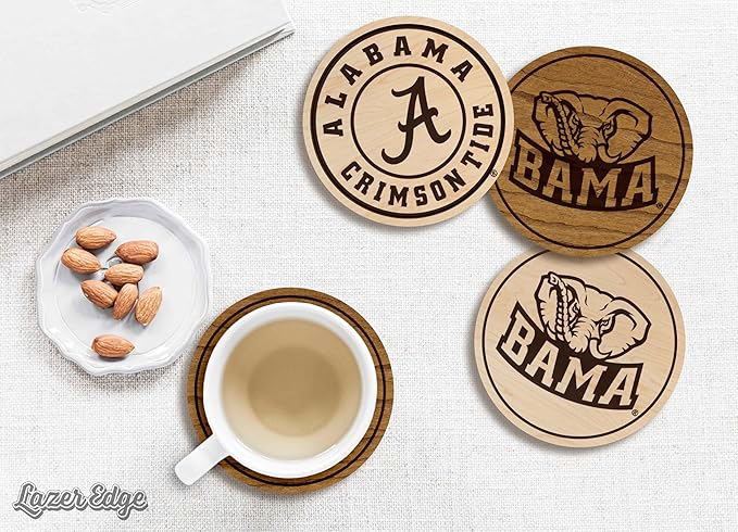 LazerEdge Alabama Crimson Tide Wooden Coaster Set - Maple Wood - Officially Licensed Product - 4-Pack