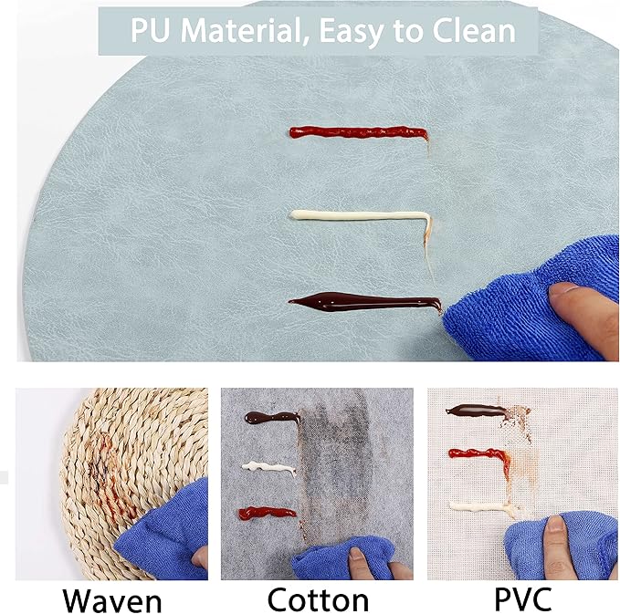 Embossed PU Leather Round Placemats, Waterproof Coffee Coasters, Kitchen Table Mats, Easy to Wipe Off for Dining Round Table, Set of 4