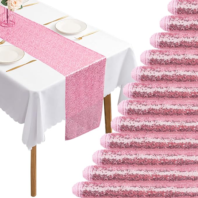 12 Packs 12 X 108 Inch Pink Sequin Table Runner Glitter Dining Table Runner by Fivenl