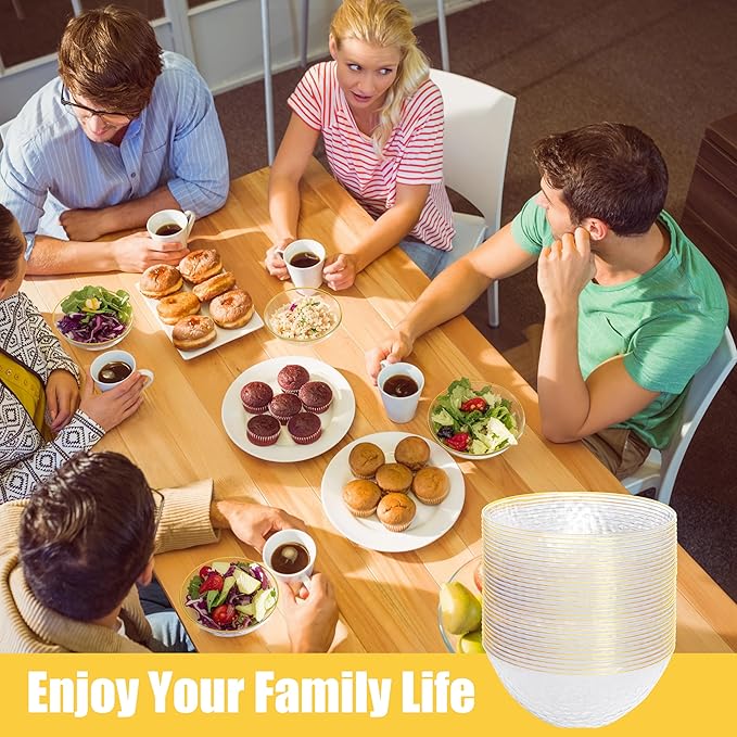 Rubtlamp 50 Pack Clear Disposable Bowls, Clear Plastic Bowls with Gold Rim, 12-16oz Premium Heavy Duty Plastic Hammered soup Bowls for Milk Cereals, Snacks, Salads