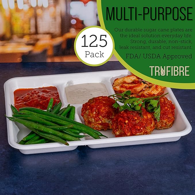 5 Compartment Plates, 100% Natural Disposable Biodegradable Plates, Lunch Trays for Cafeteria, Food, Meals, Dinner, Bulk, 10.35x8.35 Inch,125 Pack