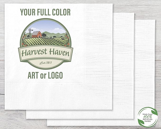 100% Recycled Custom Cocktail Napkins - Personalized 100% Recycled Napkins - Eco-friendly & Full-Color Digital Printed - Weddings, Events & Celebrations - Pack of 50 - Coin Edge Embossed, 5"x 5"