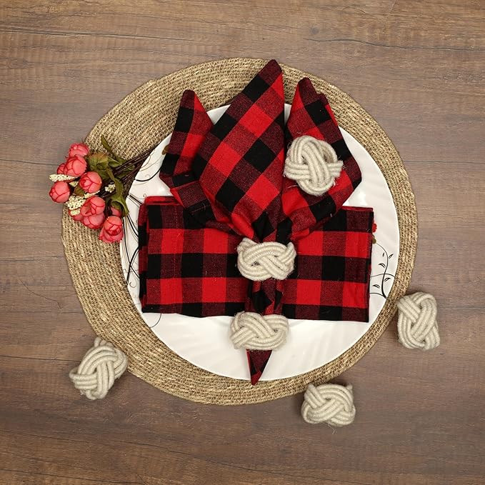 CLEENTABLE Farmhouse Napkin Ring Set of 12 - Handwoven Cotton & Jute Knot Design for Table Decor, Weddings, Dinner Parties & Everyday Dining - Decorative Adornment for Table Setting (Off White)