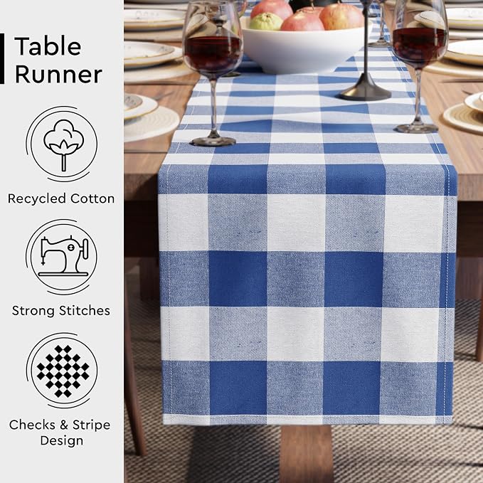 Encasa XO Table Runner, Woven Cotton Dining Runner 13"x91" Buffalo Blue Checks - Image 3