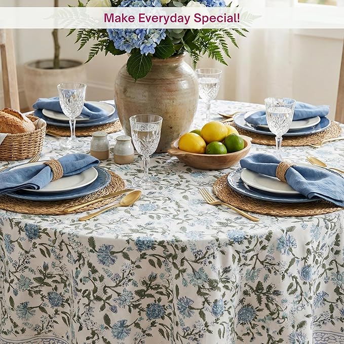 ATOSII Mahoka Blue 100% Cotton Round Tablecloth, Block Print Floral Table Cloth for Dining, Parties, Weddings, Outdoors, Holidays I 60" Inches I Grandmillennial Farmhouse Boho Spring Summer