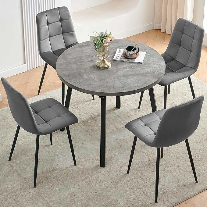 Kitchen Table and Chairs Set for 4, 37" Grey Round Dining Table with Hooks, Solid MDF Faux Wood Tabletop, Grey Velvet Dining Chairs Upholstered Side Chair with Back