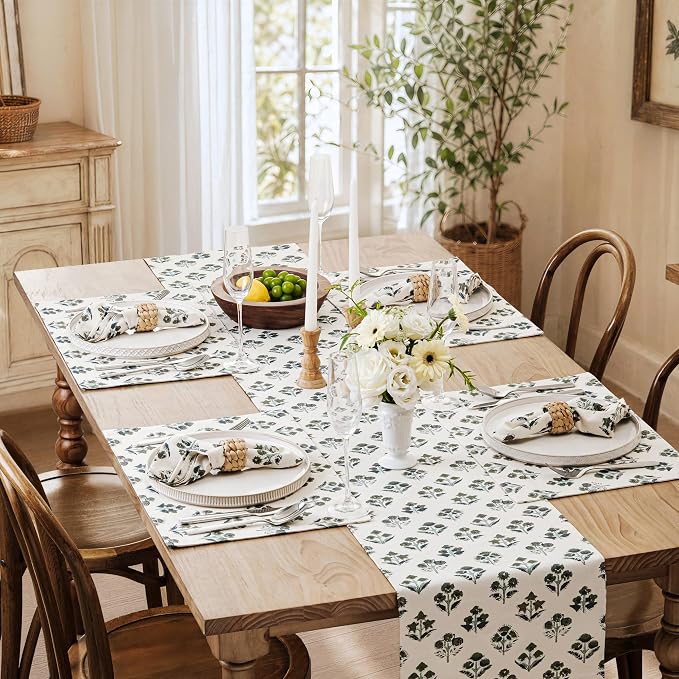 Block Print Floral Decorative Table Runners, 13x36 Inch Olive | 100% Organic - Image 7