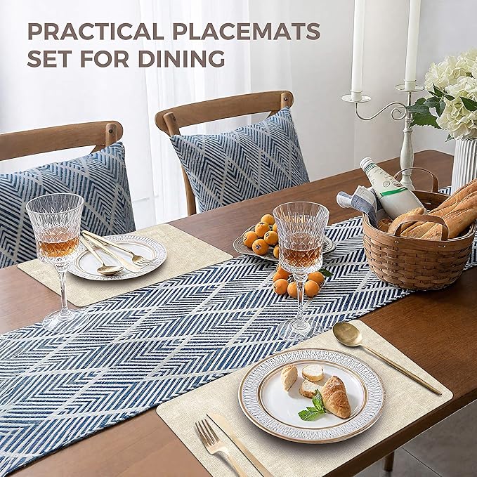 Vinyl Placemats Set of 8, Faux Leather Waterproof and Heat Resistant Place Mats, Washable Anti-Slip Table Mats with Coaster, Wipeable Placemats for Indoor & Outdoor 17" x 12" (Beige, Set of 8)
