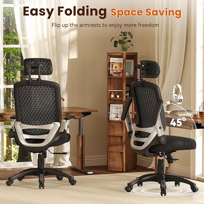 GABRYLLY Ergonomic Office Chair, High Back Home Desk Chair with Flip-Up Arms, 3D Headrest, Thick Sponge Sea &90-120° Recline, Big and Tall Mesh Executive Chairs for Man Woman, Midnight-Cloud