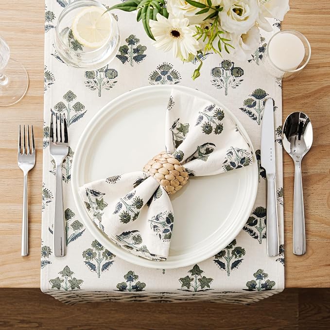Block Print Floral Decorative Table Runners, 13x48 Inch Olive | 100% Organic - Image 3