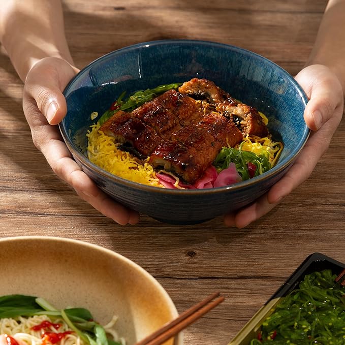 8 Inch Ceramic Ramen Bowl Set of 2, 40oz Japanese Bowls with Spoons & Chopsticks,Durable,Microwave & Dishwasher Safe,Perfect for Ramen,Pho,Salad,Soup,Noodles，Mixing bowls（Azure）
