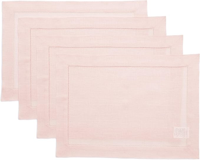 Solino Home Linen Placemats Set of 4 - Classic Hemstitch Pink Placemats 14 x 19 Inch - 100% Pure Linen Table Mats for Valentines, Spring, Easter