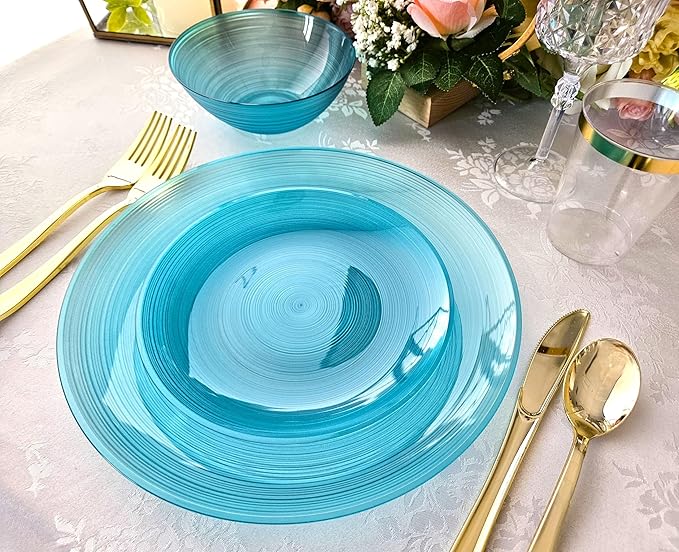 " OCCASIONS " 50 Plates Pack (25 Guests)-Wedding Party Disposable Plastic Plate Set -25 x 10'' Dinner + 25 x 7'' Salad & Dessert plates (Belize in Aqua)