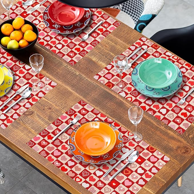 Valentines Day Table Mats - Red Heart Placemats Set of 4 Pink Love Place Mat 12x18 for Dining Kitchen Farmhouse