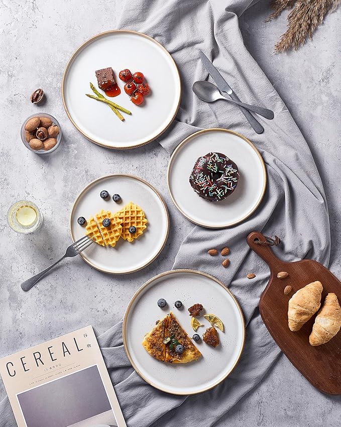 famiware Star Dinner Plates for 6, 10 inches Plate Set, Scratch Resistant, Stoneware Dinnerware, Kitchen Modern Rustic Serving Dishes, Cappuccino White