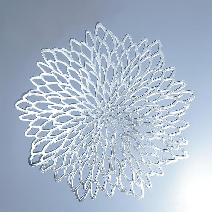 Snowkingdom 6 Pack Silver Placemats Metallic Glitter Pressed Vinyl Dinning Table Mats Decorative Round Leaf Charger for Winter Holiday Thanksgiving Christmas